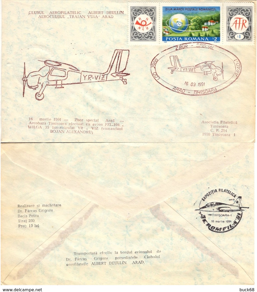 ROUMANIE ROMANIA 3866 (o) Lettre Exposition Philatélique TIMISOARA ARAD 1991 Plane Avion PZL-104 Wilga 35 - Cartas & Documentos