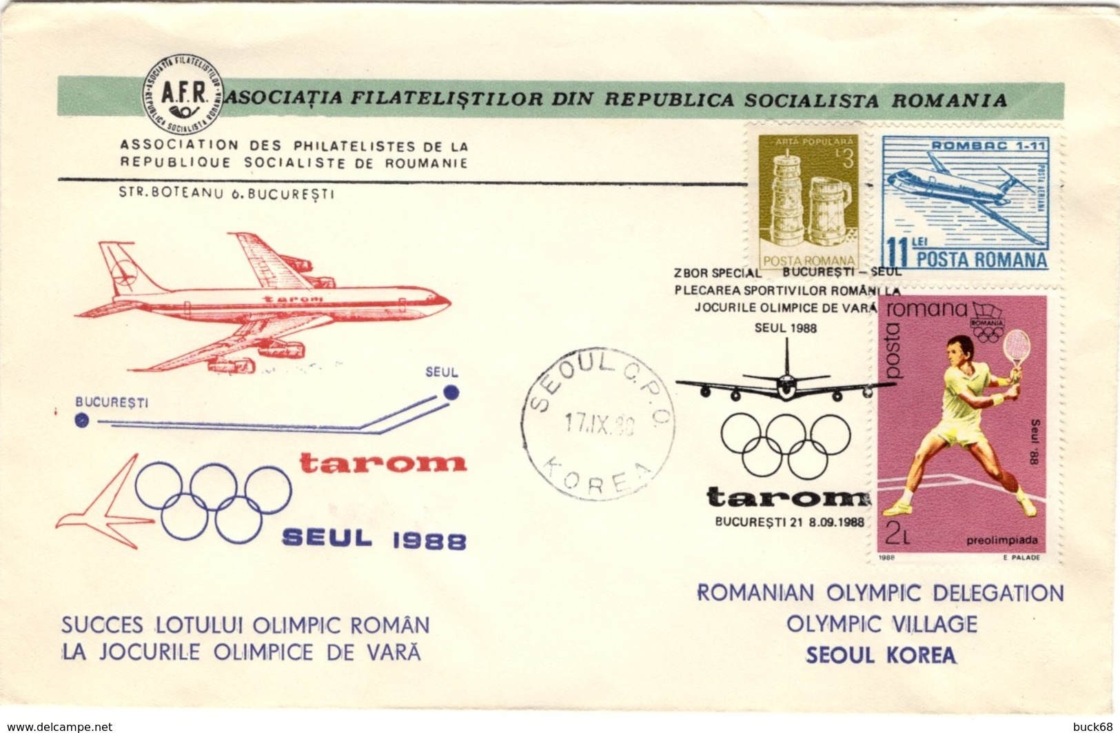 ROUMANIE ROMANIA Pa 293 (o) Courrier Special Bucarest Séoul Jeux Olympiques AFR  1988 Tarom [GR] - Covers & Documents