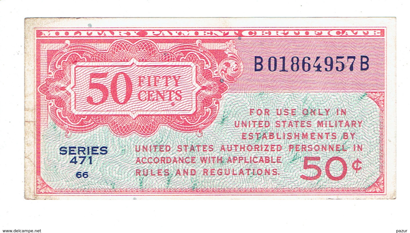 MPC - CERTIFICAT DE PAIEMENT MILITAIRE AMERICAIN - 50 CENTS - SERIE 471 - SUP - 1947-1948 - Series 471