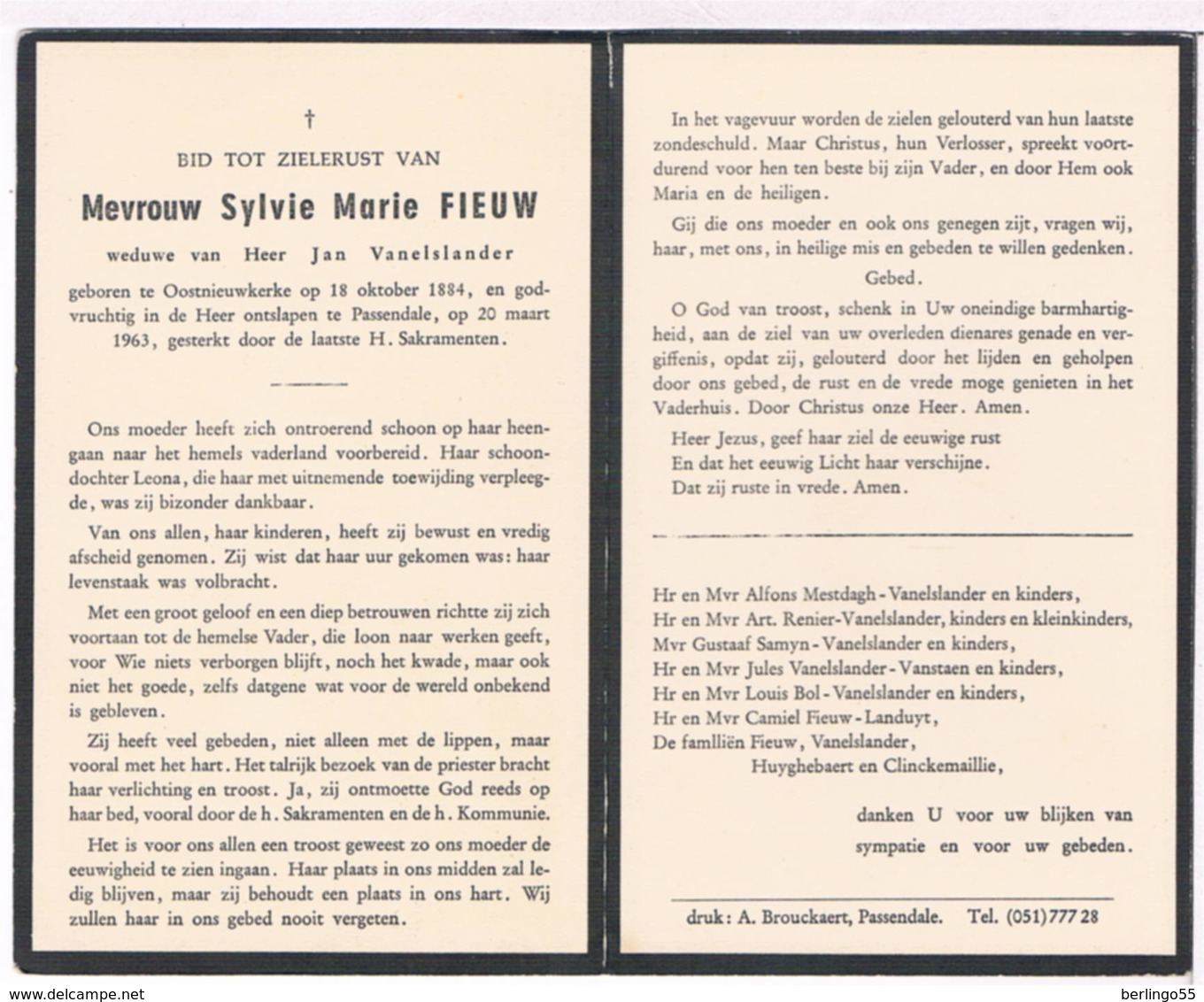 Dp. Fieuw Sylvie. Wed. Vanelslander Jan. ° Oostnieuwkerke 1884 &dagger; Passendale 1963  (2 Scan's) - Religion &  Esoterik