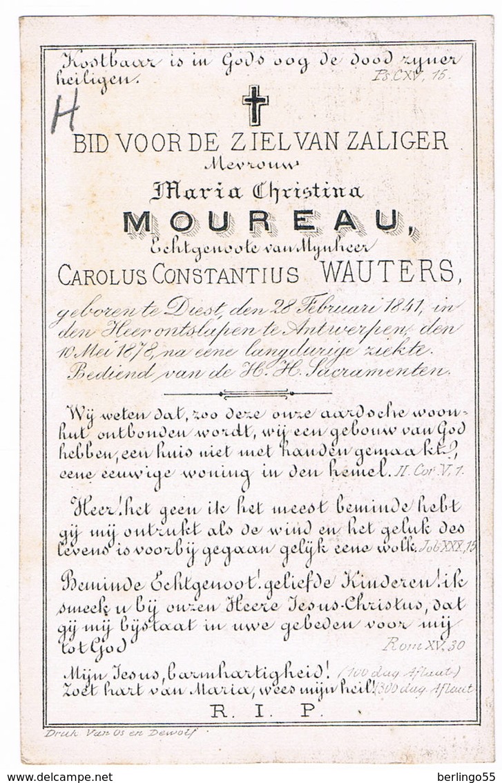 Dp. Moureau Maria. Echgt. Wauters Carolus. ° Diest 1841 &dagger; Antwerpen 1878 (2 Scan's) - Religion & Esotérisme