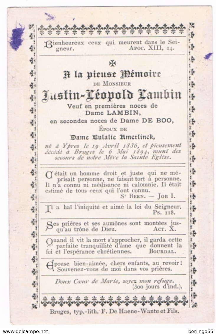 Mémoire. Lambin Justin.veuf 1 Ste. Femme. De Boo. Epoux De Amerlinck E. ° Ypres 1836 &dagger; Bruges 1894  (2 Scan's) - Religion & Esotérisme