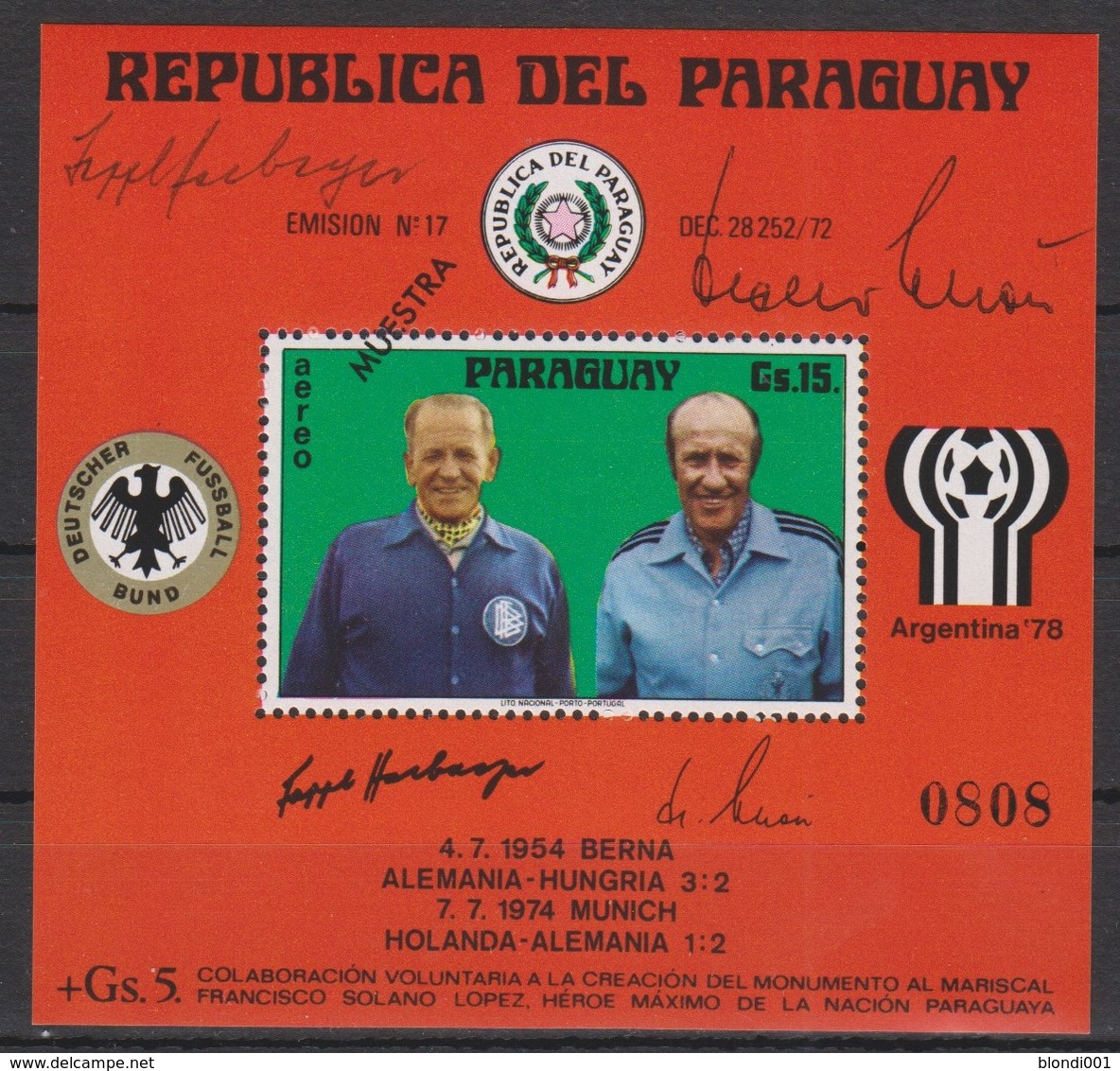 Soccer World Cup 1978 - Football - PARAGUAY - S/S MUESTRA With Signatures MNH Rare!! - 1978 – Argentina