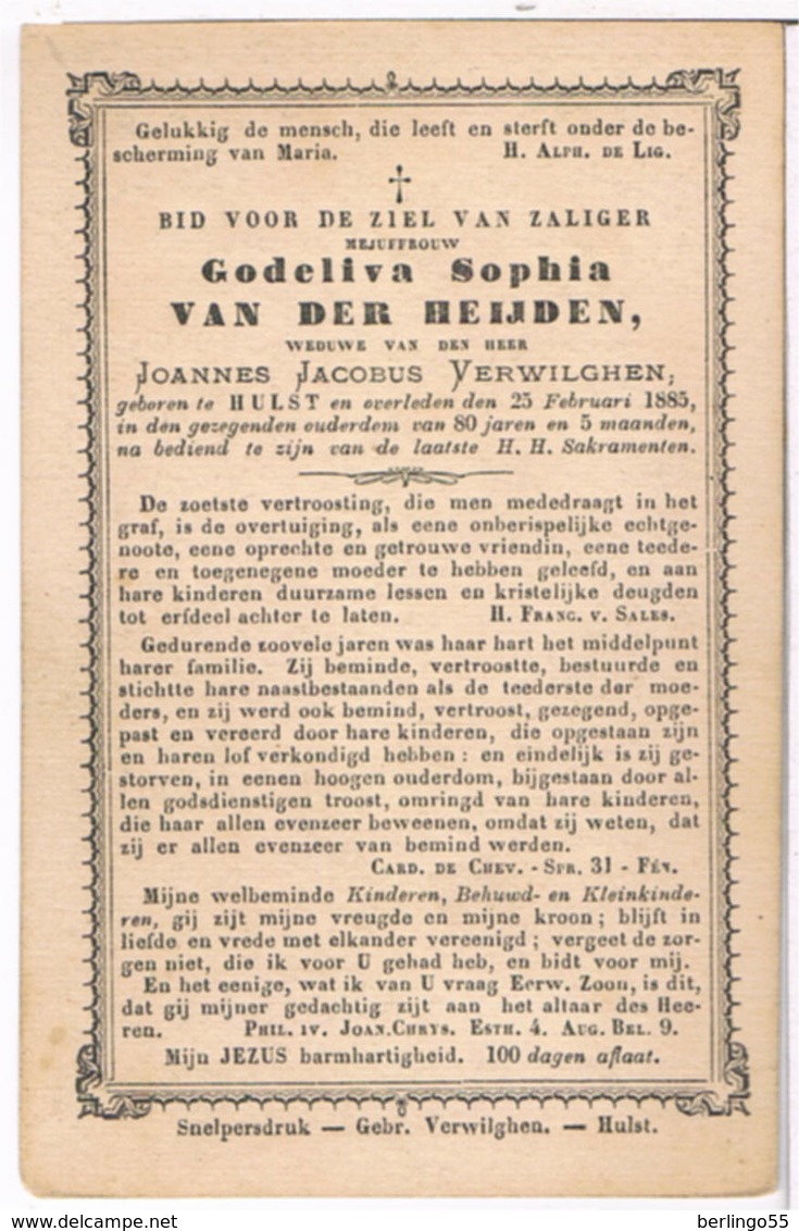 Dp. Van Der Beijden Godeliva. Wed. Verwilghen Joannes. ° Hulst 1804 &dagger; Hulst 1885  (2 Scan's) - Religion & Esotérisme