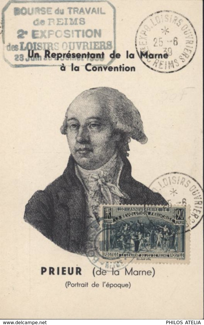 CP + CAD 2eme Exposition Loisirs Ouvriers Reims 25 6 39 CAD Bourse Travail Reims CP Prieur (de La Marne) YT 444 - Cachets Commémoratifs