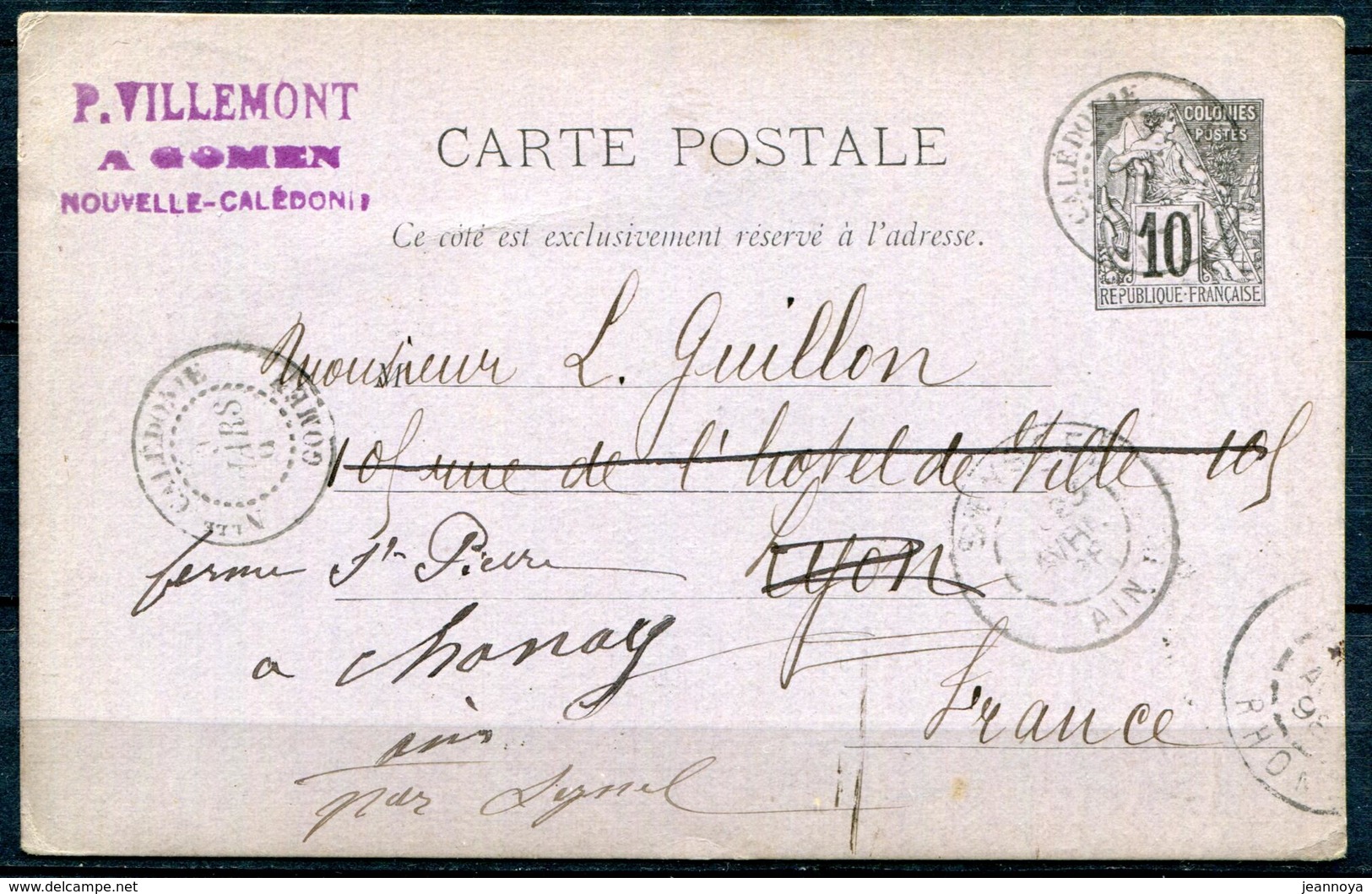 NOUVELLE CALEDONIE -  EP - CP 10 C NOIR , OBL. GOMEN LE 9/3/1898 AVEC GRIFFE LINÉAIRE POUR LYON - TB & RARE - Briefe U. Dokumente