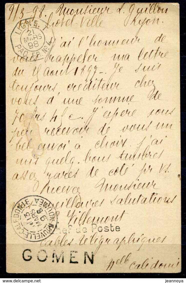 NOUVELLE CALEDONIE -  EP - CP 10 C NOIR , OBL. GOMEN LE 9/3/1898 AVEC GRIFFE LINÉAIRE POUR LYON - TB & RARE - Lettres & Documents