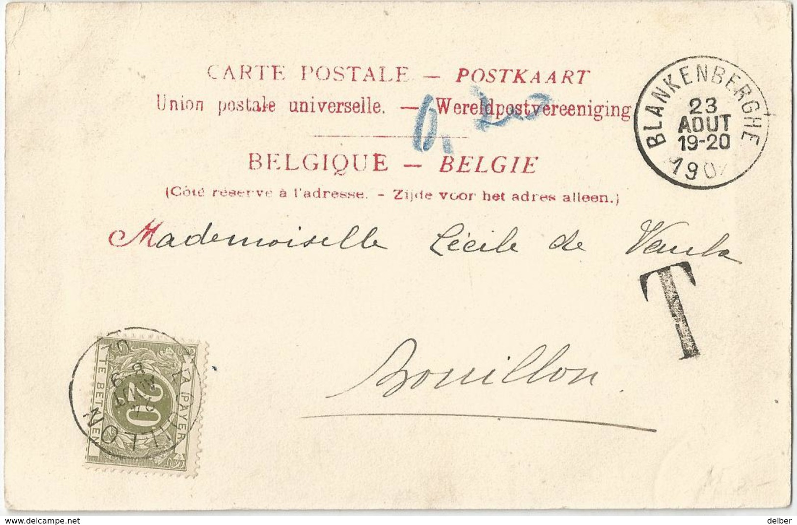 9Dp-512:CP:L'Estacade Et Le Bateau D'Excurion:BLANKENBERGHE 23 AOUT 1902>BOUILLON:niet Gefrankeerd & Getaxeerd: BOUILLON - Blankenberge