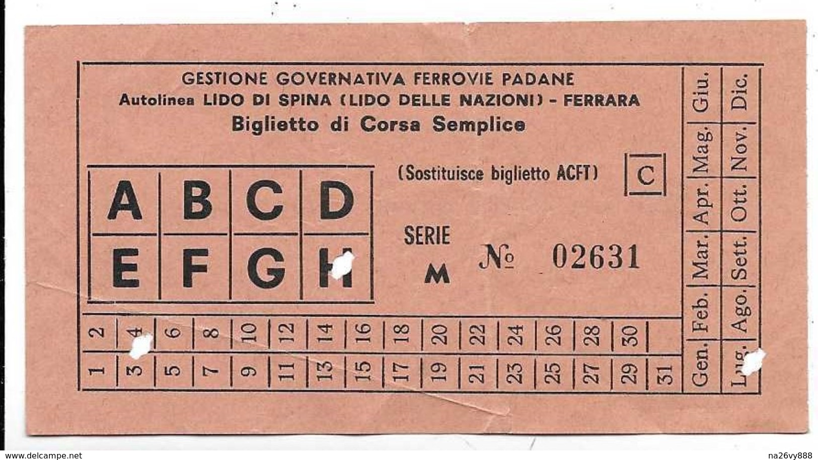 Autolinea Lido Di Spina (Lido Delle Nazioni) - Ferrara. Gestione Governativa Ferrovia Padane. - Europa