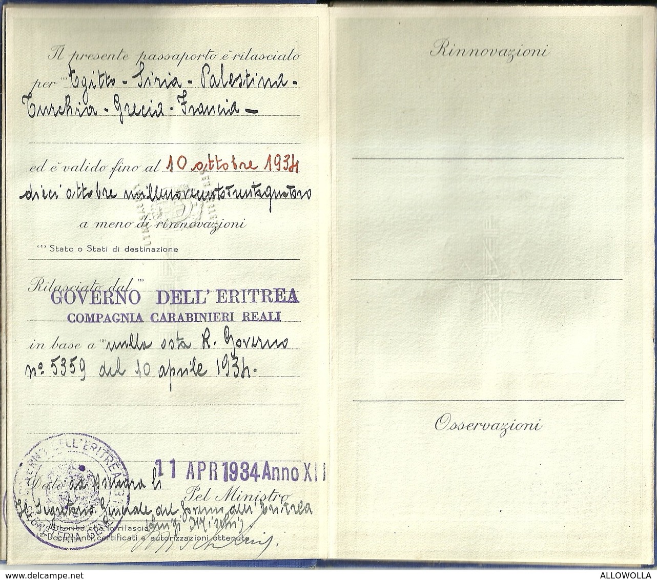 6471 "PASSAPORTO PER L'ESTERO-REGNO D'ITALIA CON DUE STEMMI REGNO E REPUBBLICA SOCIALE-RILASCIATO NEL 1934"  ORIGINALE - Documenti Storici