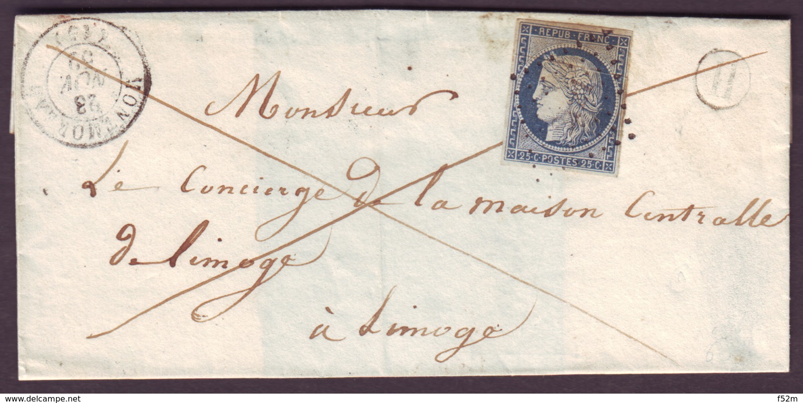 CHARENTE - LAC - Tàd T15 MONTMOREAU + PC 2121 Sur N° 4 (25c Bleu Cérès) + BR "H" (non Identifiée) Pour Limoge (81) - 1849-1876: Période Classique