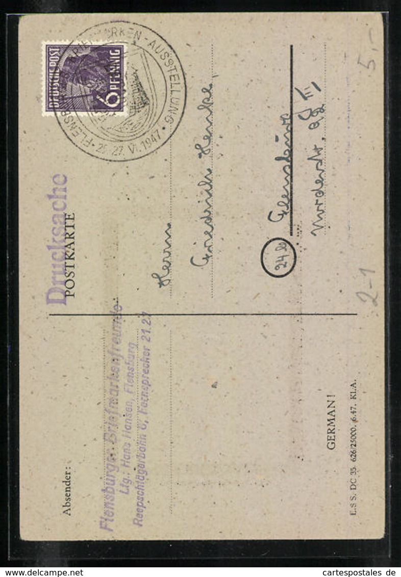 AK Flensburg, Briefmarken-Ausstellung Im Juni 1947, Marke Schleswig-Holstein Nr. 1, 1850 - Briefmarken (Abbildungen)