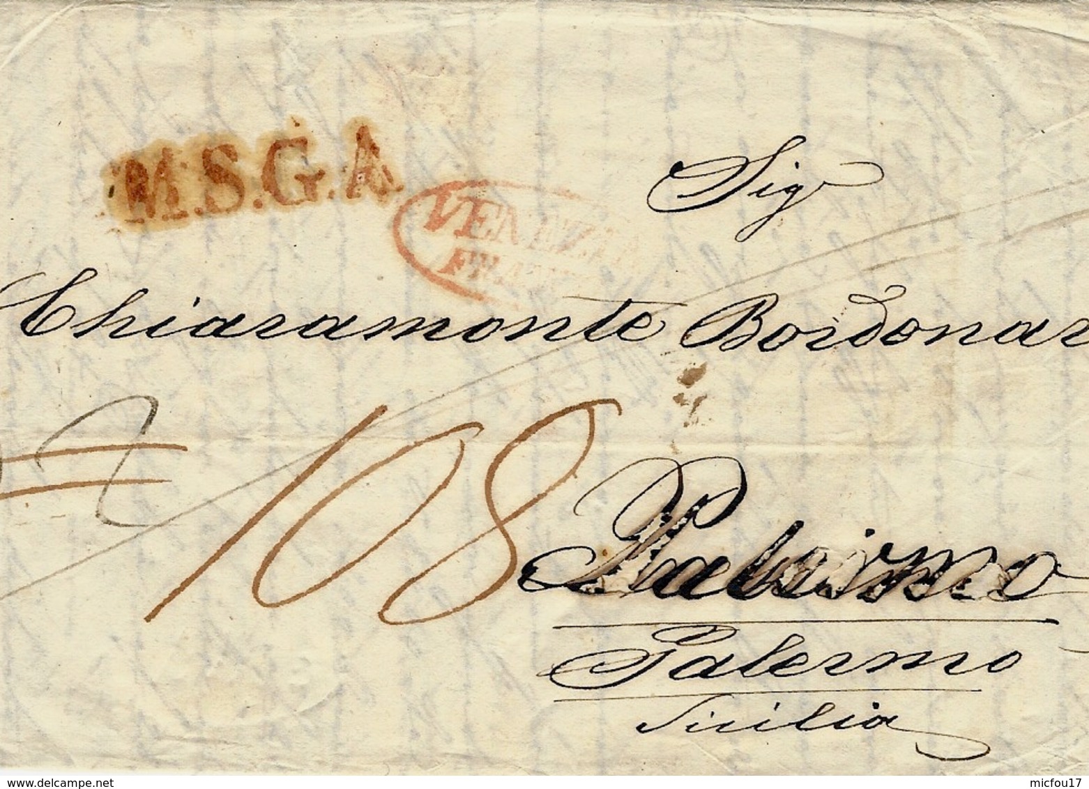 1839- Letter From Triest To Palermo  - M.S.G.A.  + Transit VENEZIA  - Rating 108 - ...-1850 Voorfilatelie