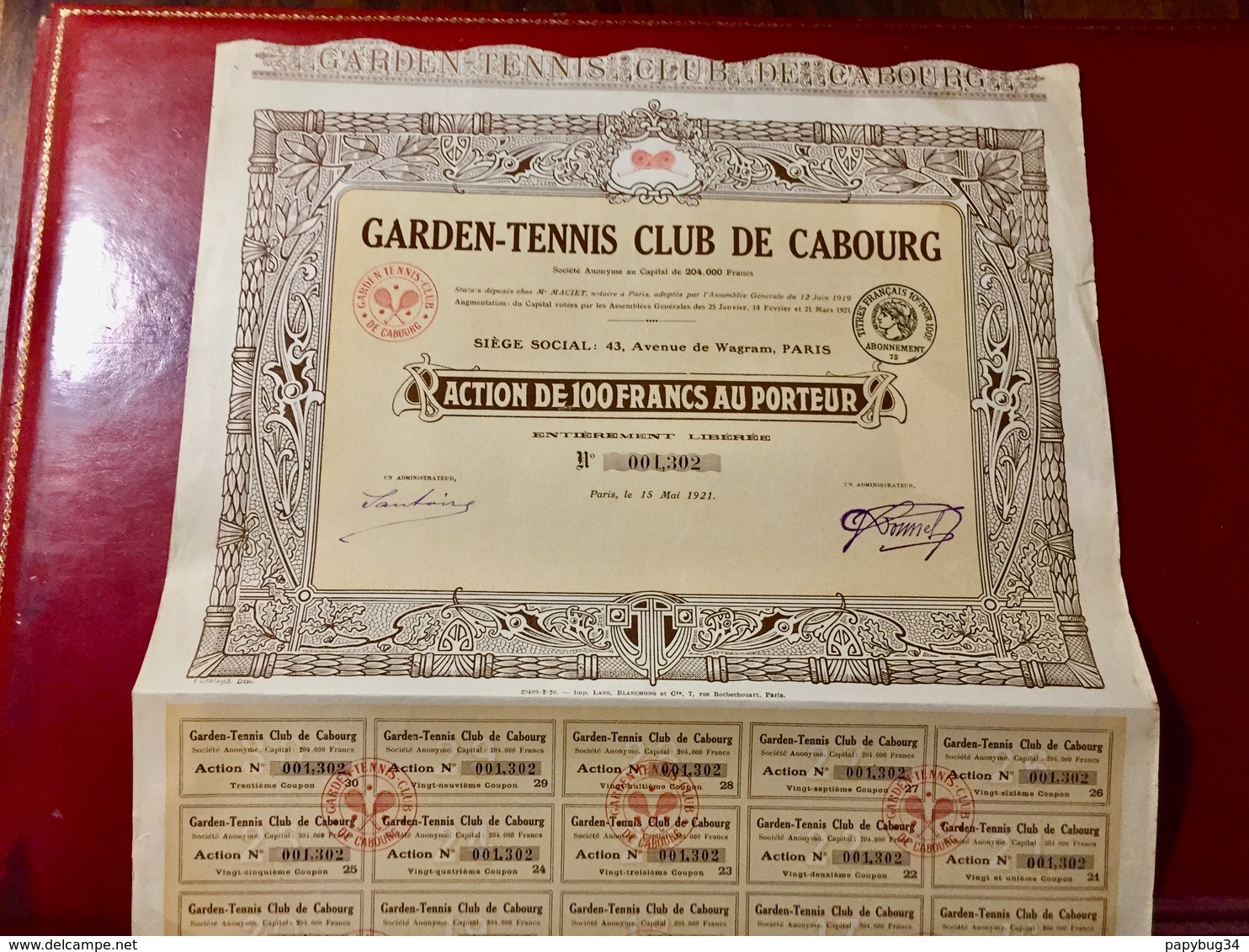 GARDEN - TENNIS  CLUB  De  CABOURG --------Action  De  100 Frs - Sports