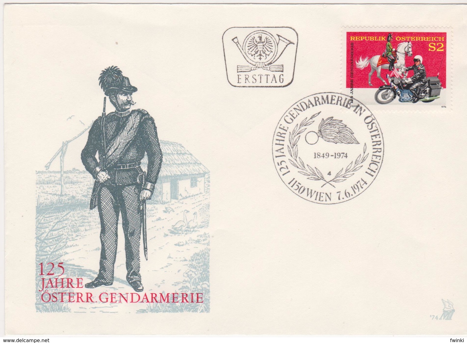 FDC 1974 - Mi.1454 (6) : 125 Jahre Österreichische Gendarmerie , SST 1150 Wien - Lettres & Documents