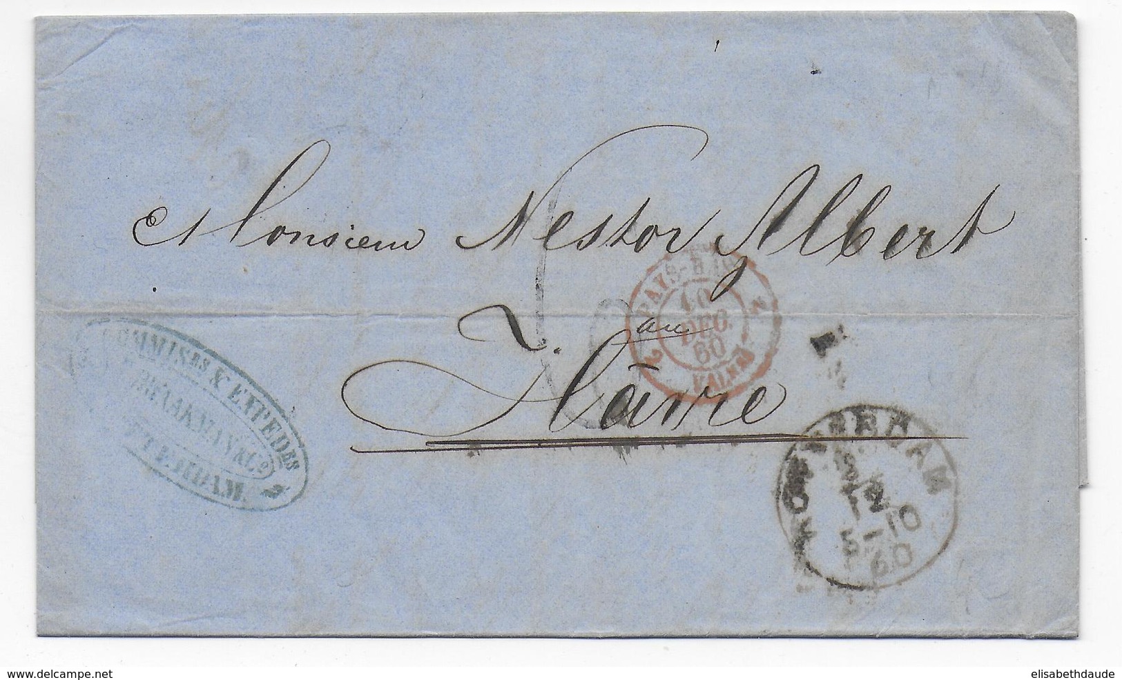 1860 - NEDERLAND - LETTRE De ROTTERDAM Avec CACHET D'ENTREE PAYS-BAS Par VALENCIENNES 2 => LE HAVRE - Marques D'entrées