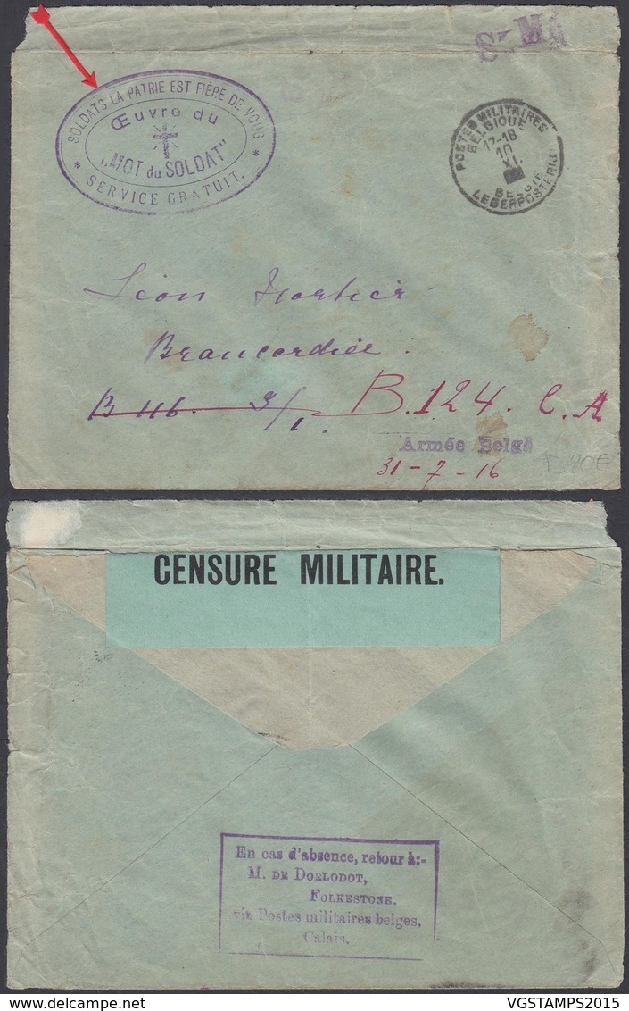 BELGIQUE LETTRE "OEUVRE DU MOT DU SOLDAT "SERVICE GRATUIT DE ET VERS POSTE MILITAIRE  (DD) DC-6386 - Esercito Belga