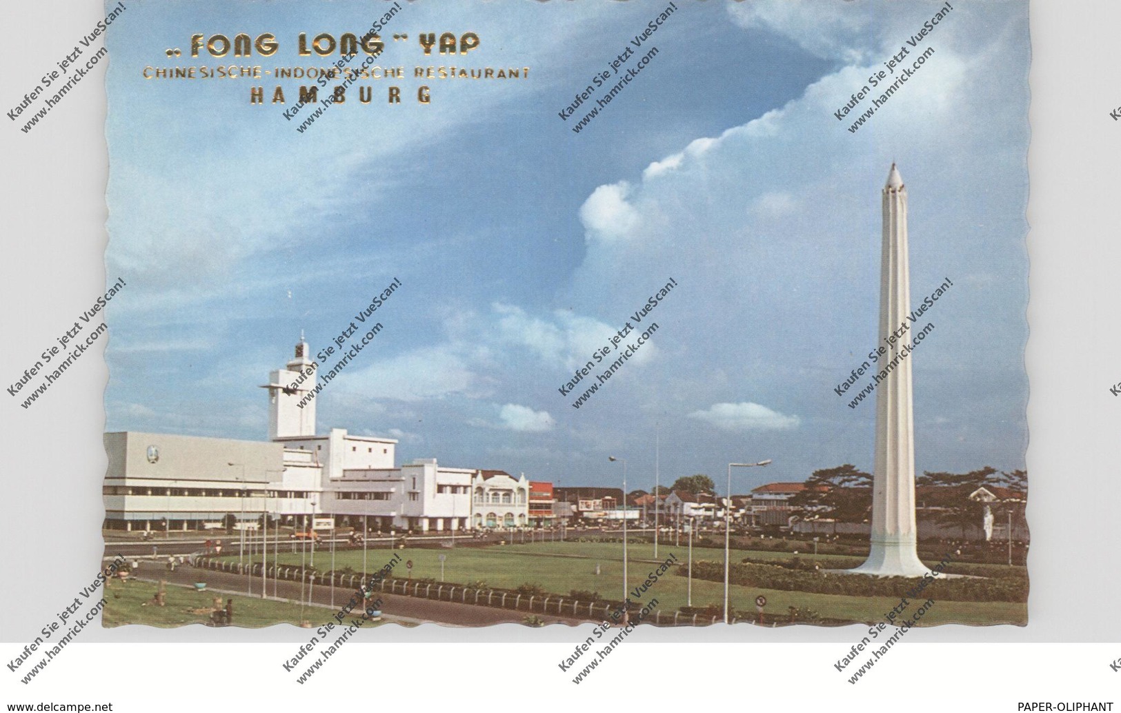 INDONESIA - SURABAYA, Heroes Monument & Governor Office, Werbe-Karte Fong Long Restaurant Hamburg - Indonesien