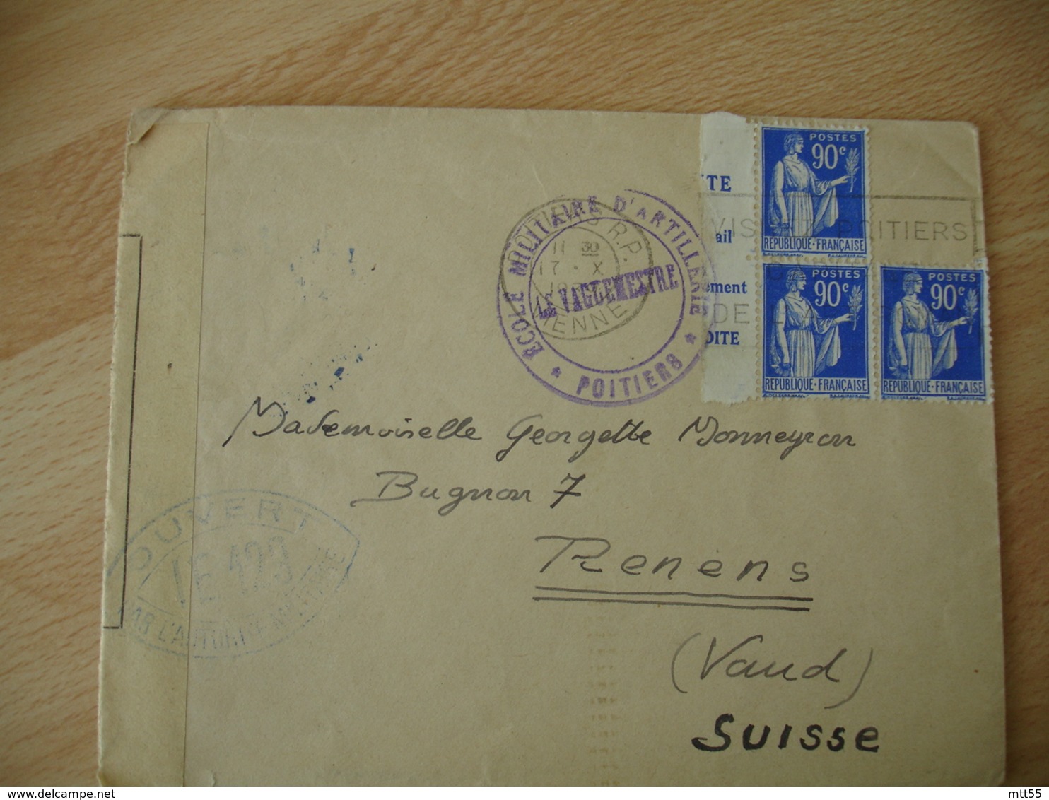 1939 Lettre Ouverture Censure  Ecole Militaire Artillerie Poitiers Pour Renens Vaud 3 Timbre Paix 90 C - Guerre De 1939-45