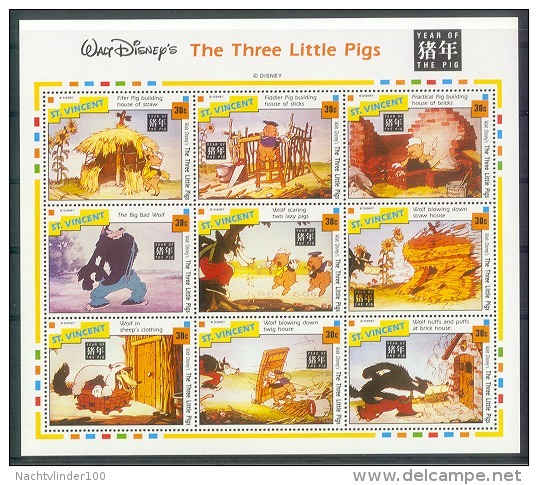 NaoA334b WALT DISNEY DRIE KLEINE BIGGETJES THREE LITTLE PIGS WOLF WILD DOG * OPDRUK OVERPRINT * ST. VINCENT 1992 PF/MNH - Disney