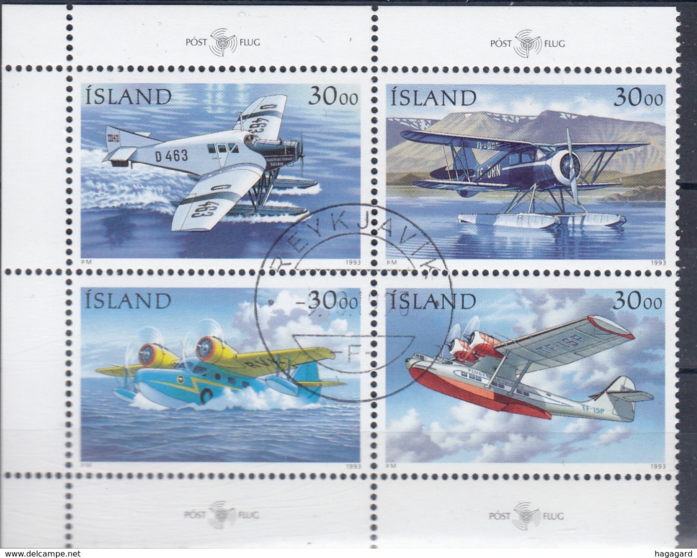 +Iceland 1993. Postplanes. Bloc Of 4. Michel 791-94. Oblitere / Cancelled - Used Stamps