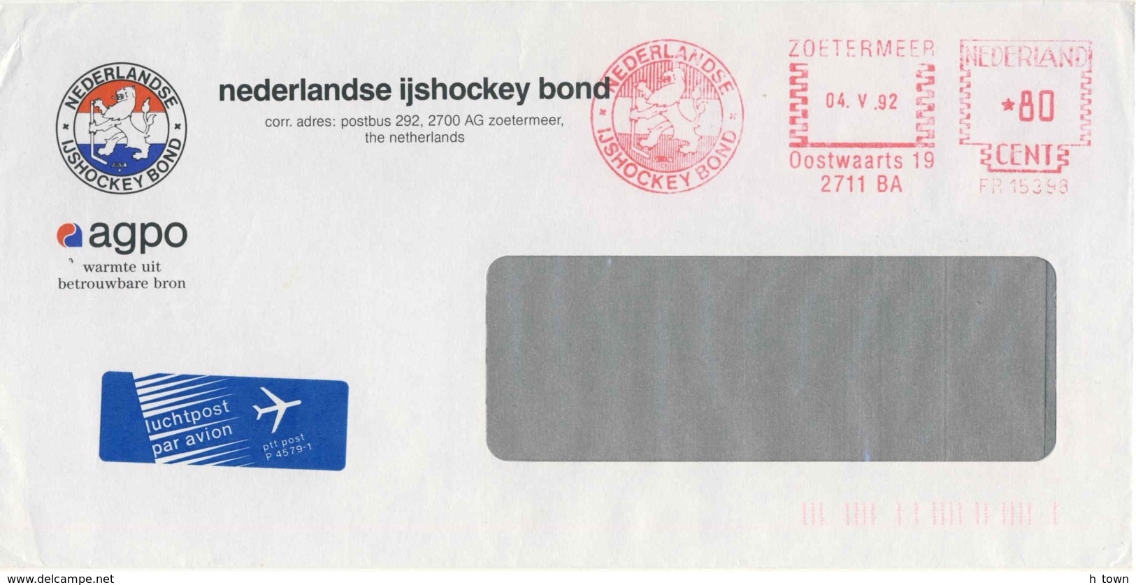 952  Hockey Sur Glace: Ema Pays-Bas, 1992 - Ice Hockey Meter Stamp From The Netherlands - Jockey (sobre Hielo)