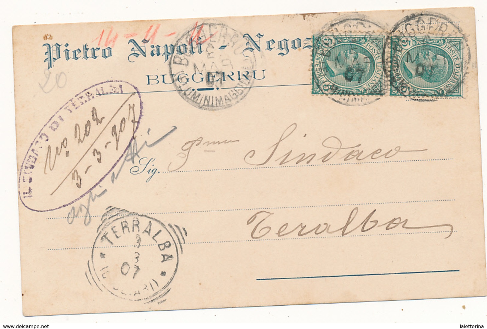 1907 SARDEGNA BUGGERRU (FLUMINIMAGGIORE) CERCHIO GRANDE SU CARTOLINA COMMERCIALE NEGOZIANTE - Storia Postale