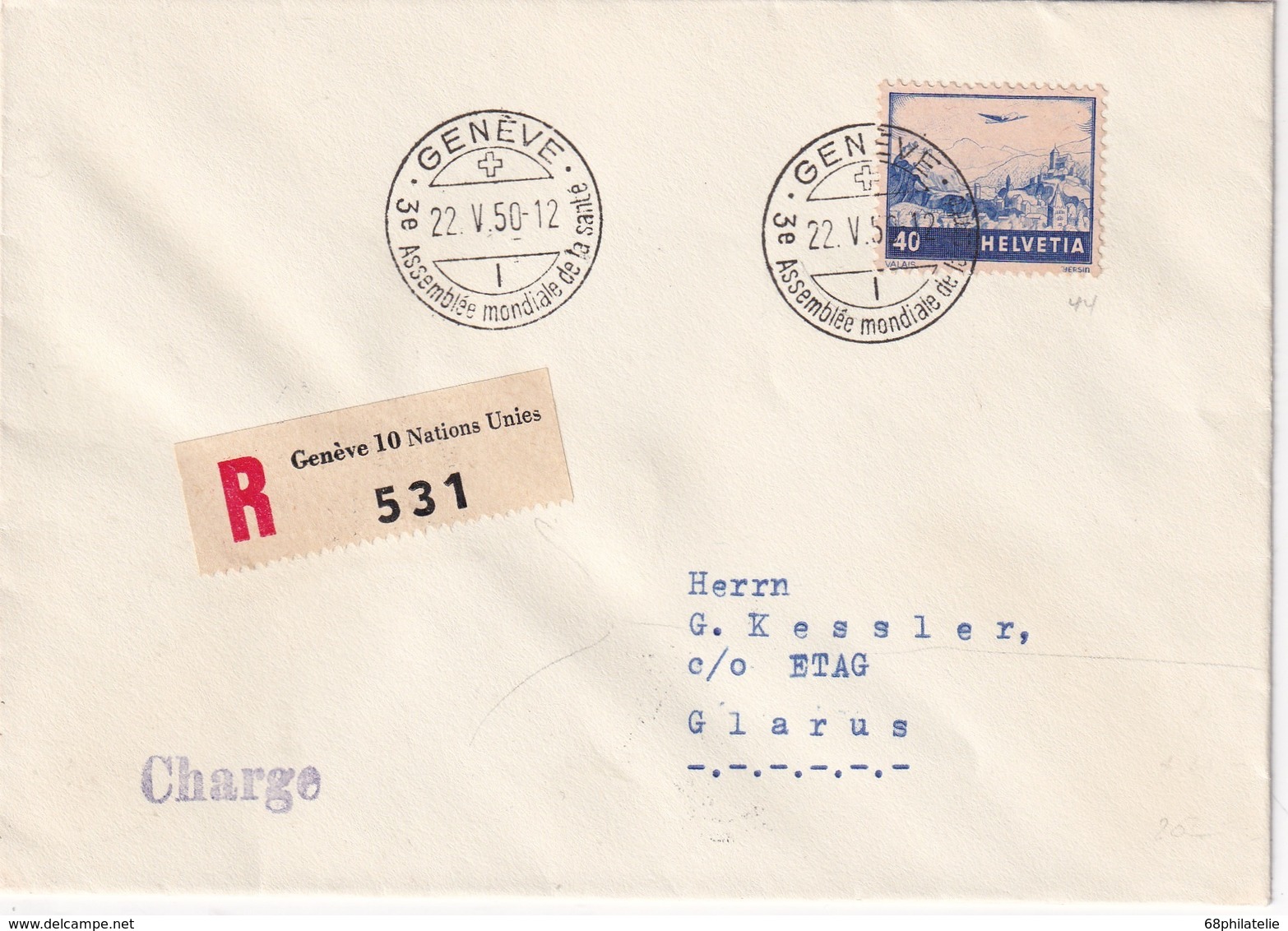 SUISSE 1950 LETTRE CHARGE RECOMMANDEE DE GENEVE AVEC CACHET ARRIVEE GLARUS - Lettres & Documents