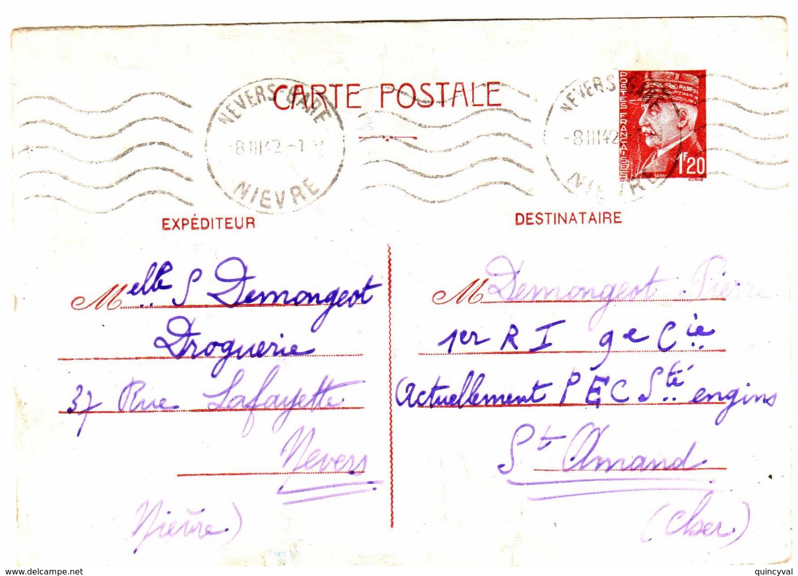 NEVERS GARE Nièvre Carte Entier Postal 1, 20 F Pétain Yv 515-CP1 Ob Meca 8 3 1942 Dest St Amand Cher - Cartes Postales Types Et TSC (avant 1995)