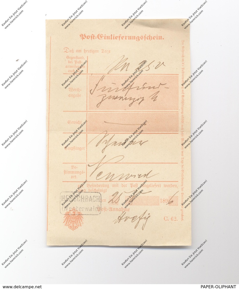 5418 SELTERS - HERSCHBACH / Westerwald, Postgeschichte, Einlieferungsschein 1896, Kastenstempel - Montabaur