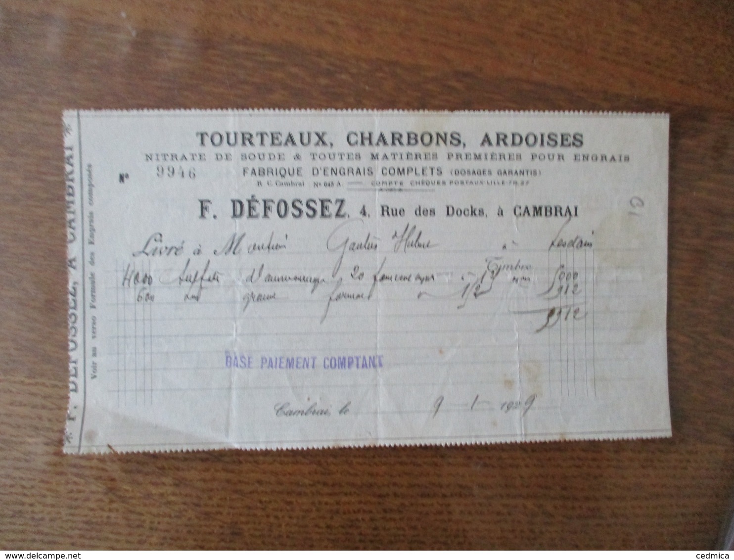 CAMBRAI  F. DEFOSSEZ TOURTEAUX CHARBONS ARDOISES 4 RUE DES DOCKS FACTURE DU 9-1-1929 - 1900 – 1949