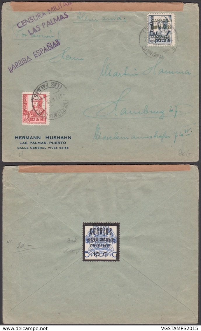 Espagne - Lettre Censurée " Griffe Las Palmas" De Puerto De La Luz 04/02/1938 Vers Hamburg (RD206) DC5719 - Lettres & Documents