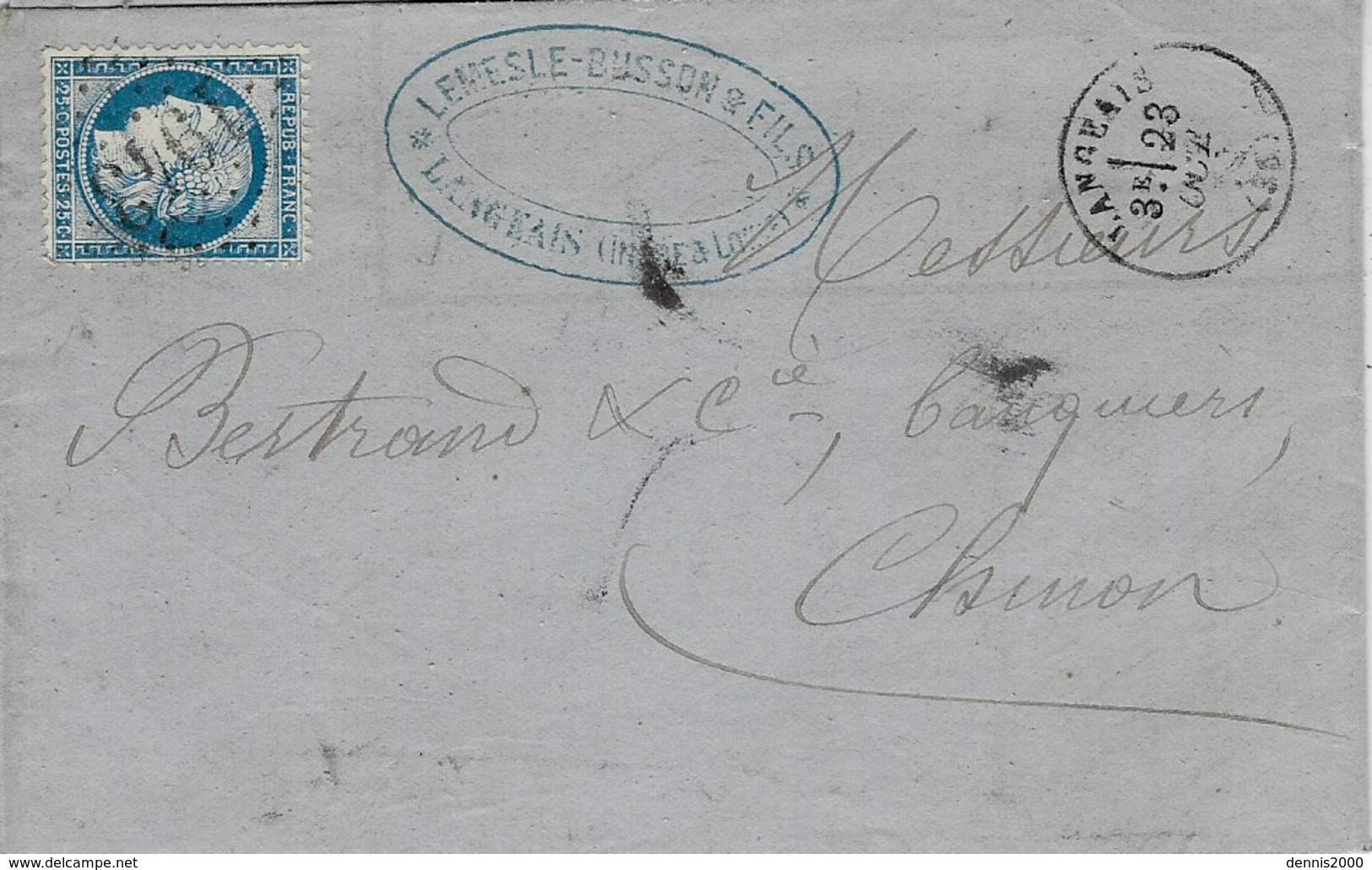 1872- Lettre De LANGEAIS ( Indre Et Loire ) Cad T16 Affr. N°60 Oblit. G C 1943 - 1849-1876: Période Classique