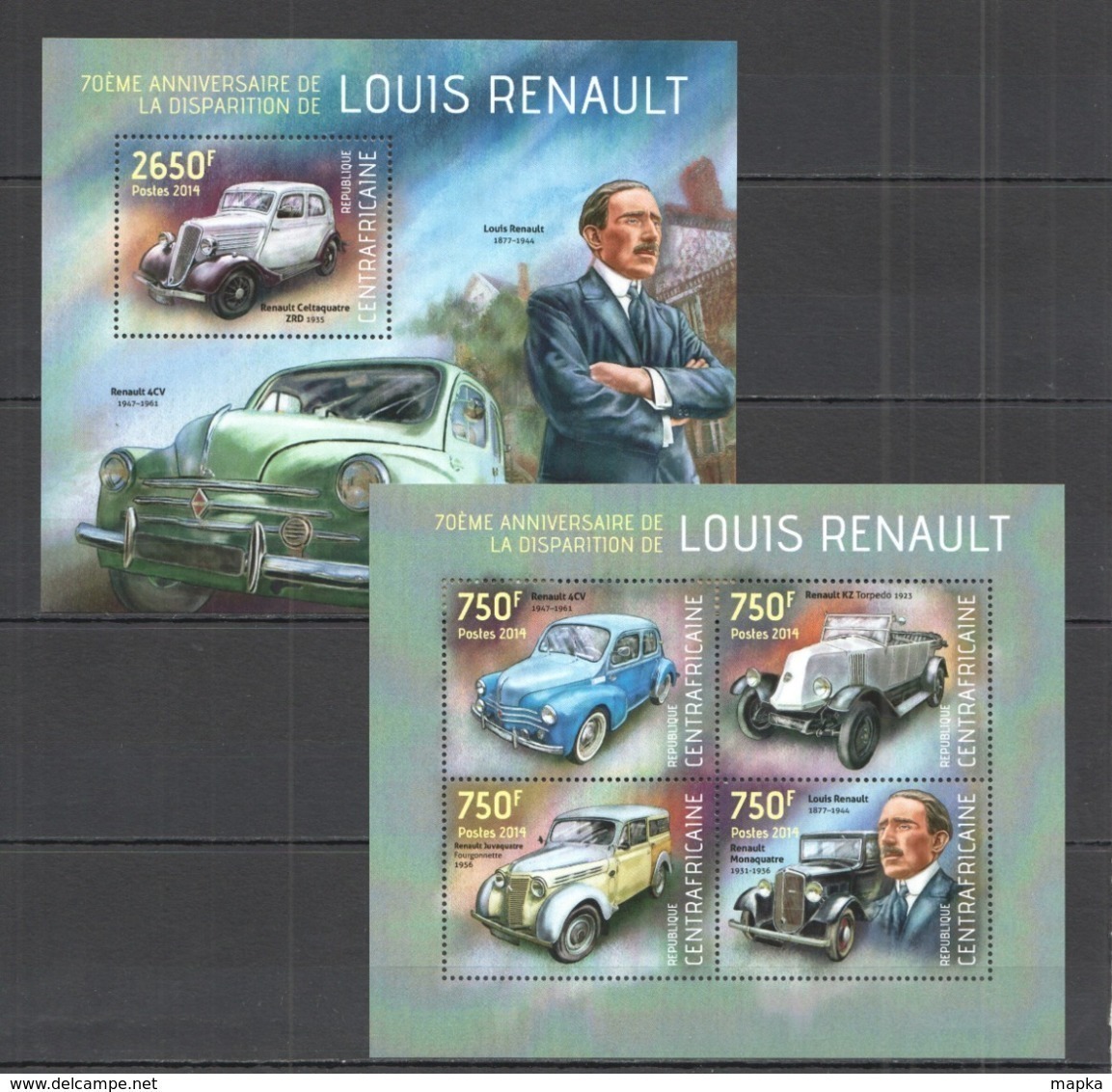 CA493 2014 CENTRAL AFRICA CENTRAFRICAINE TRANSPORT CARS AUTOMOBILES LOUIS RENAULT KB+BL MNH - Autos