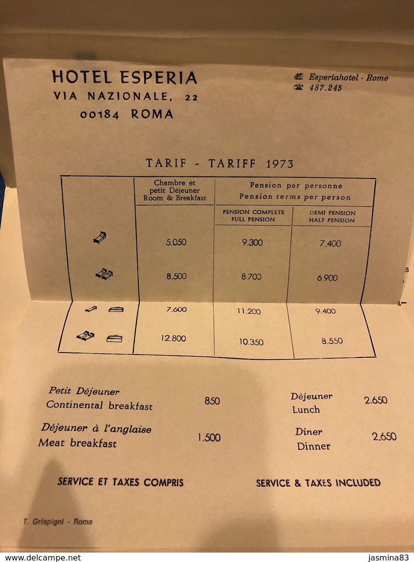 Documents Sur L’hôtel Esperia à Rome En 1973 - Italie