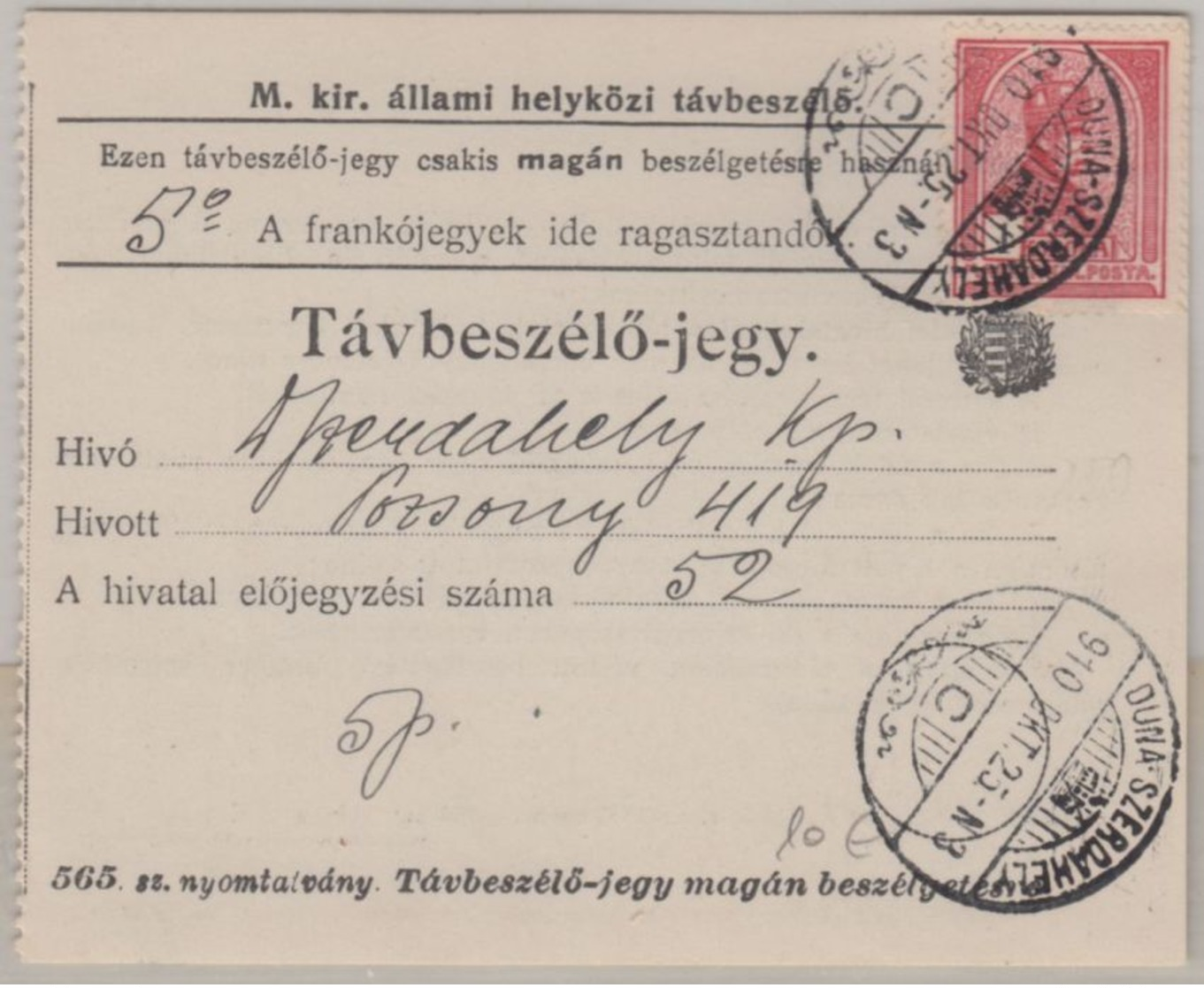 Ungarn/Slowakei - 1 K. Franz-Joseph Telefonquittung Dunaszerdahely 1910 - Sonstige & Ohne Zuordnung