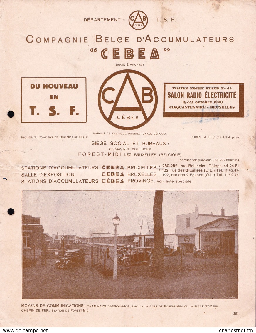 TRES RARE ** BROCHURE DE 8 PAGES SUR - COMPAGNIE BELGE D' ACCUMULATEURS CEBEA 1930 - BATTERIE - BATTERY ** Avec Prix !! - Advertising