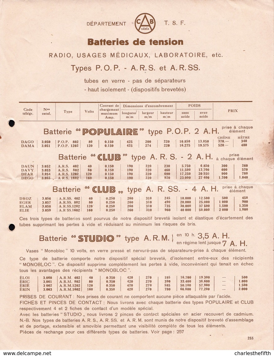 TRES RARE ** BROCHURE DE 8 PAGES SUR - COMPAGNIE BELGE D' ACCUMULATEURS CEBEA 1930 - BATTERIE - BATTERY ** Avec Prix !! - Advertising