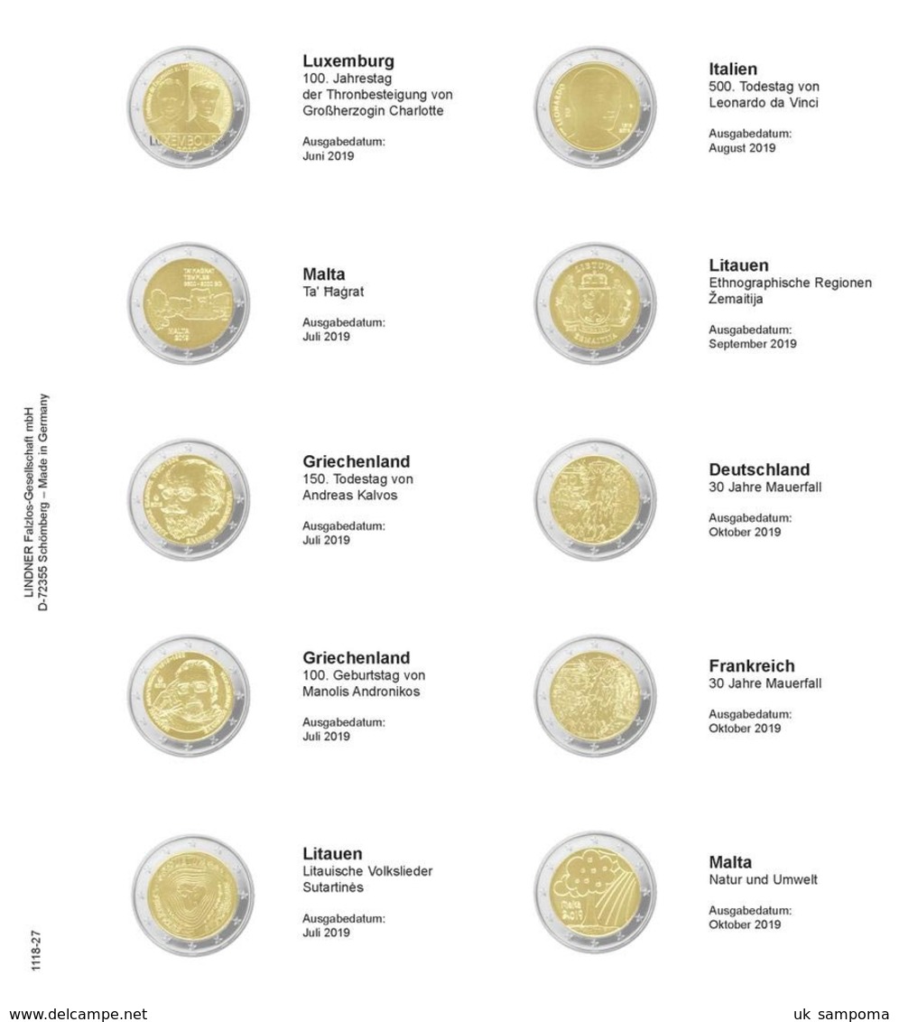 Lindner 1118-27 Vordruckblatt Für 2 Euro-Gedenkmünzen: Luxemburg 2019 Bis Malta 2019 - Supplies And Equipment