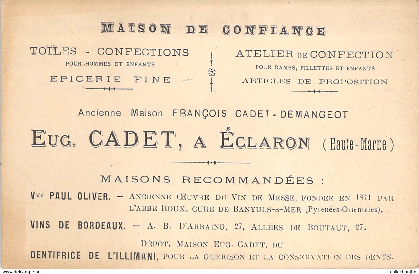 CPA / CARTE DE VISITE FRANCE 52 "Eclaron, Maison Confection Epicerie Fine, CADET" - Eclaron Braucourt Sainte Liviere