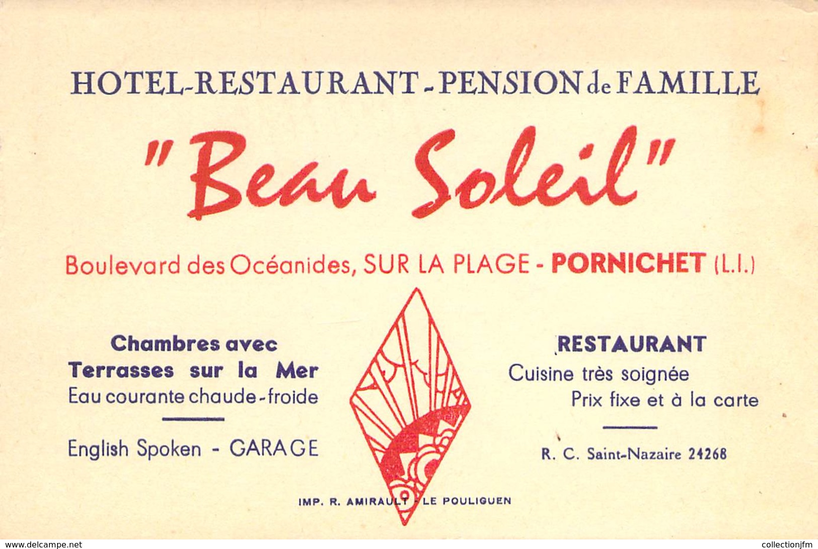 CPA / CARTE DE VISITE FRANCE 44 "Pornichet, Restaurant Beau Soleil, Bld Des Océanides" - Pornichet