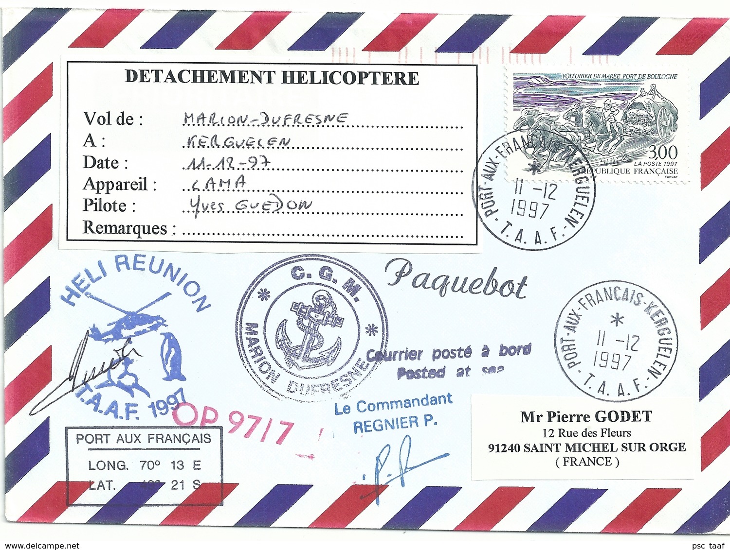 YT 3106 Voiturier à Marée Boulogne - Postée à Bord Du MD - Heli Réunion - Port Aux Français  Kerguelen  11/12/1997 - Lettres & Documents