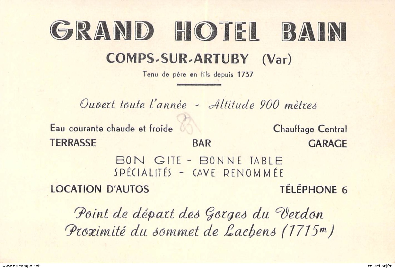 CPA / CARTE DE VISITE FRANCE 83 "Comps Sur Artuby, Grand Hotel Bain" - Comps-sur-Artuby