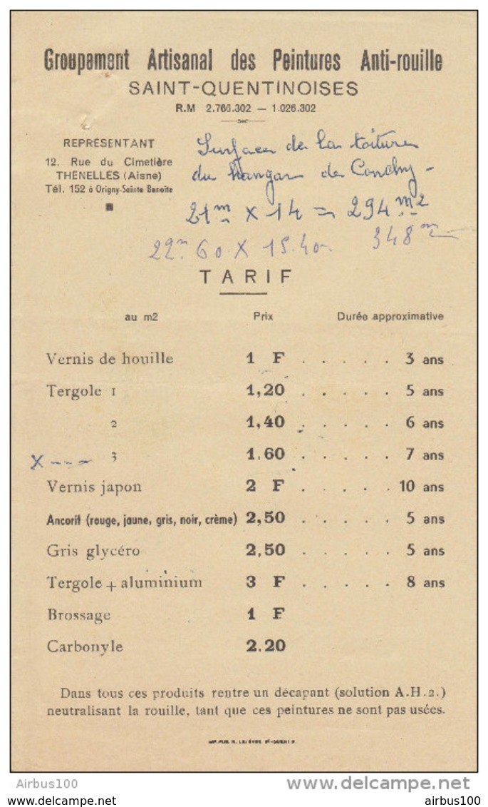 TARIF GROUPEMENT ARTISANAL DES PEINTURES ANTI ROUILLE SAINT QUENTINOISES REPRÉSENTANT A THENELLES AISNE - Droguerie & Parfumerie