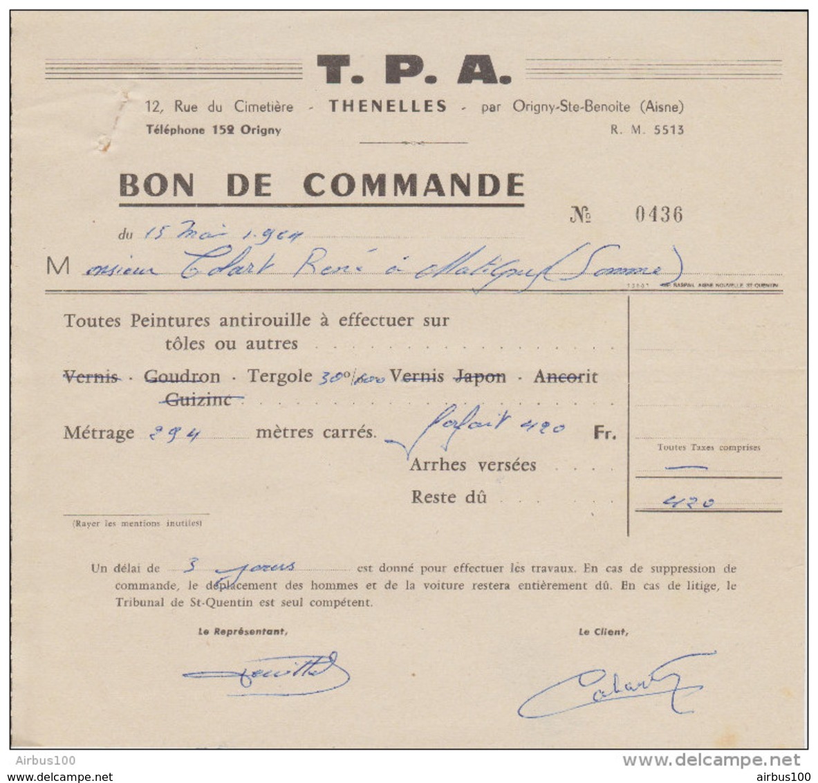 BON DE COMMANDE  15 MAI 1964 T.P.A. THENELLES AISNE Par ORIGNY SAINTE BENOITE TOUTES PEINTURES - Droguerie & Parfumerie