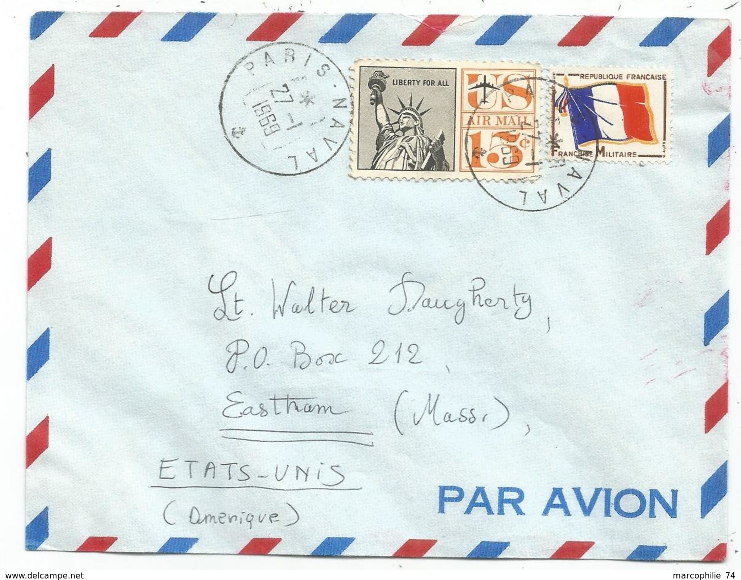 FM DRAPEAU MIXTE USA 15C LETTRE AVION PARIS NAVAL 27.1.1969 POUR LES ETATS UNIS - Military Postage Stamps