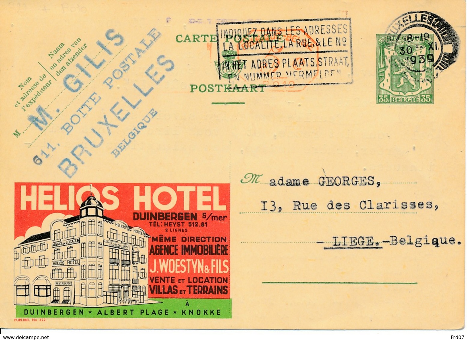 Publibel 322 – 1939 – Hotel Helios, Albert Plage - Knokke - Publibels