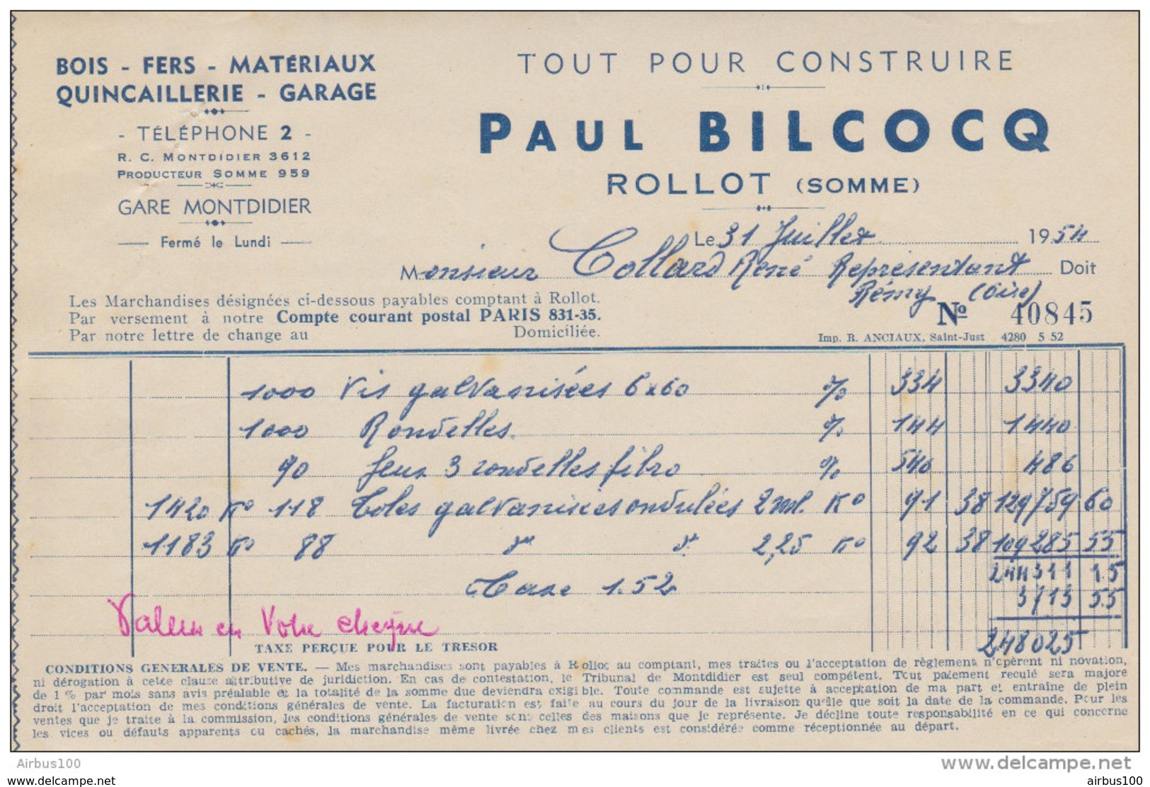FACTURE 31 JUILLET 1954 PAUL BILCOCQ ROLLOT SOMME BOIS FER QUINCAILLERIE GARAGE - Droguerie & Parfumerie