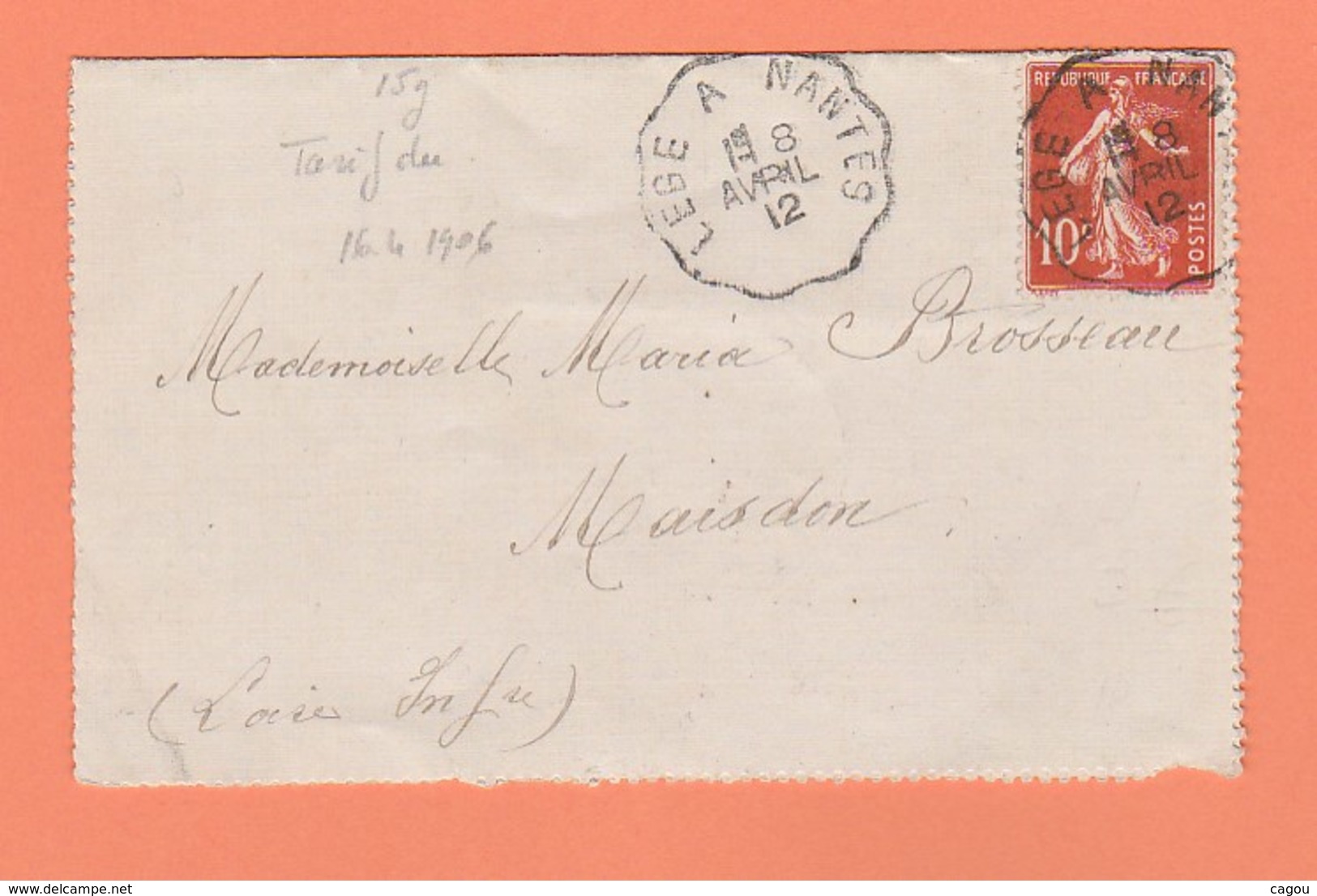 CACHET MAISDON LOIRE INF-RE SUR CARTE LETTRE OBLITERATION LEGE A NANTES DE 1912 - Cachets Manuels