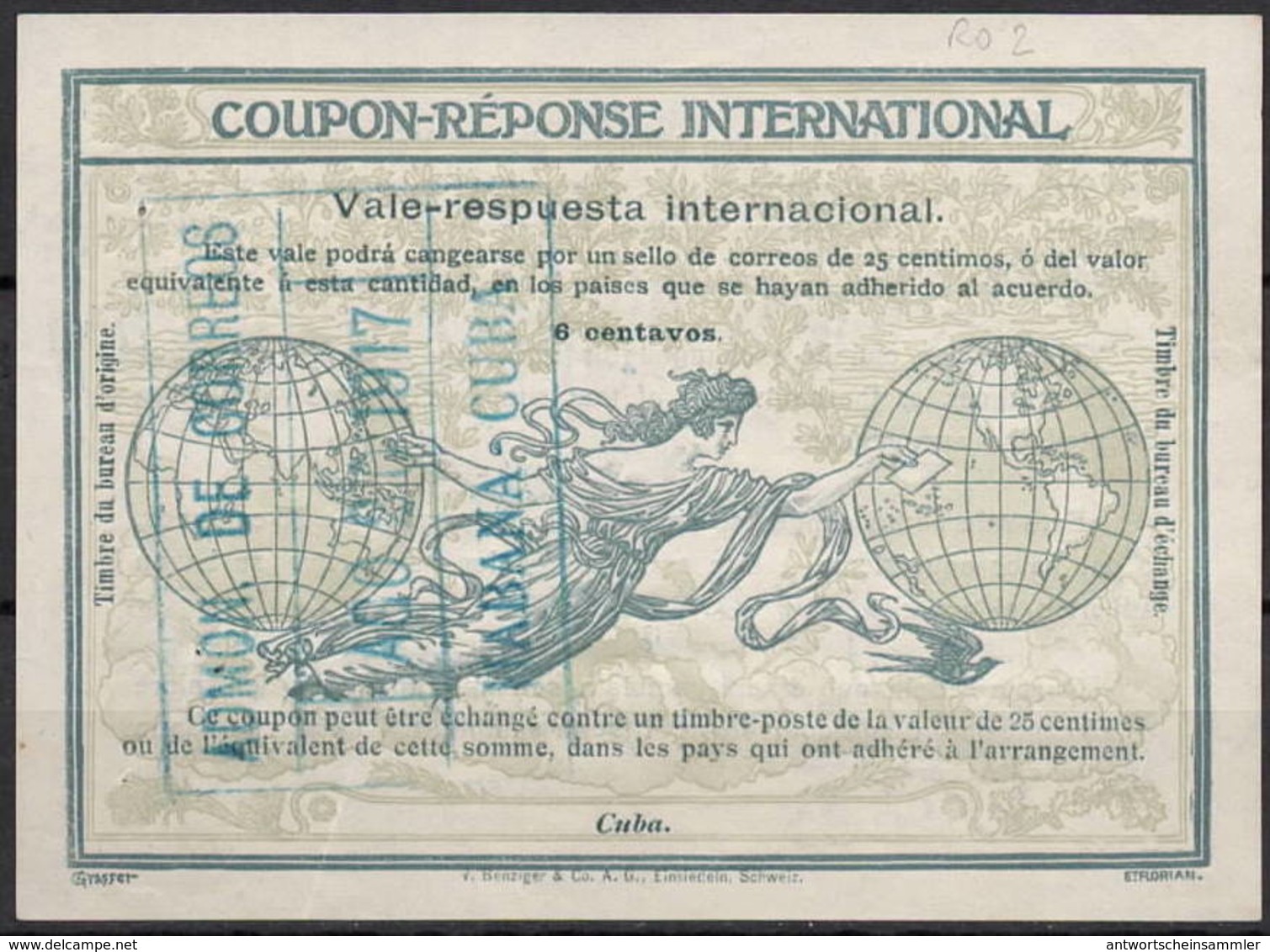 CUBA 1917  Ro2  6 Centavos.  International Reply Coupon Reponse Respuesta Antwortschein IRC IAS Issued HABANA 20.08.1917 - Briefe U. Dokumente